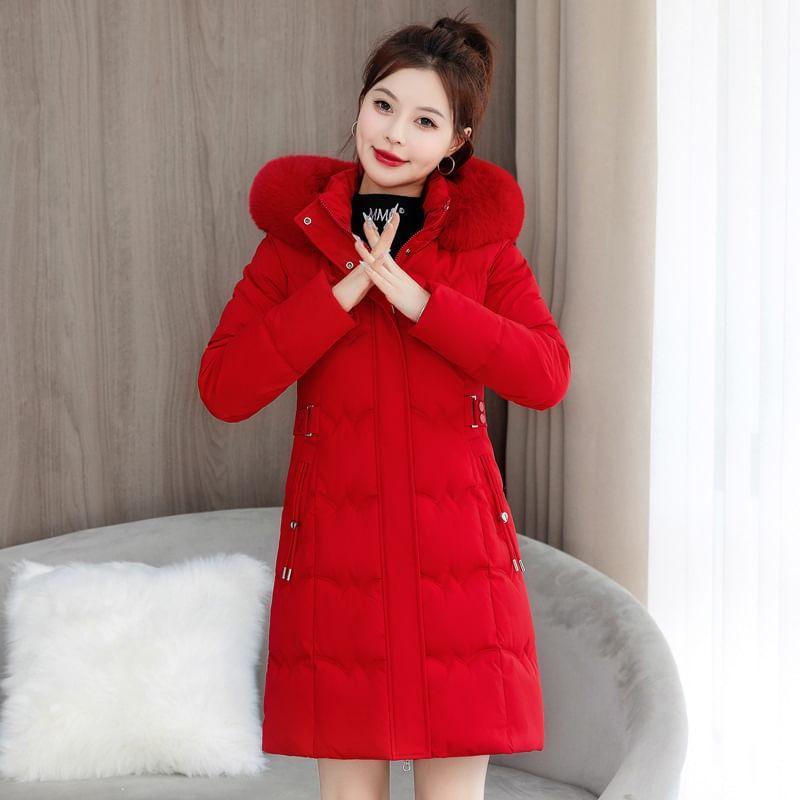 Furry Trim Hooded Zip-Up Long Parka Product Image