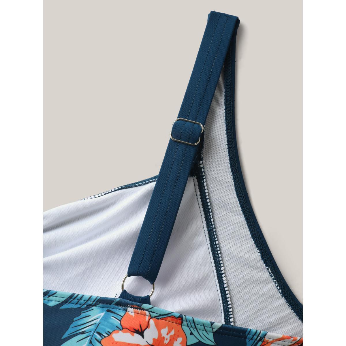 Plus Size Tropical Print Ruched Spliced Swim Top Women's Swimwear Indigo Beach Gathered High stretch Skinny Heart neckline Curve Swim Tops BloomChic 14-16/1X Product Image