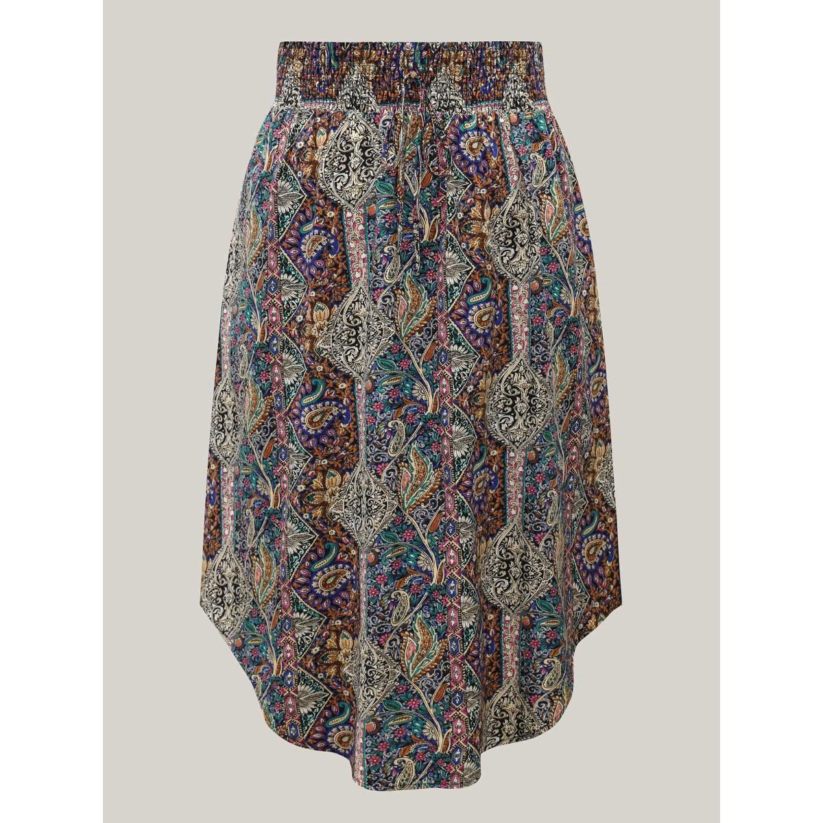 Plus Size Boho Print Shirred Waist Midi Skirt Women Multicolor Elegant Tie knot Loose No stretch Side seam pocket Everyday Skirts BloomChic 22-24/3X Product Image