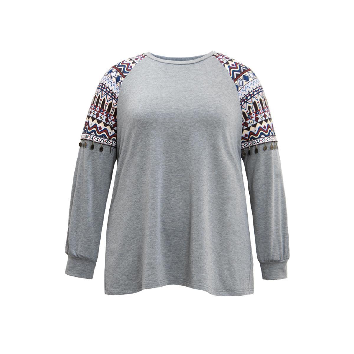 Plus Size Bandana Print Raglan Sleeve Crew Neck Sweatshirt Women Gray Casual Elastic cuffs Round Neck Dailywear Sweatshirts BloomChic 18-20/2X Product Image