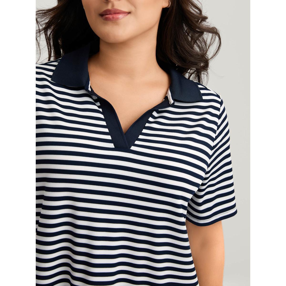 Plus Size Polo Collar Stripes Contrast T-Shirt Indigo Women Contrast Polo Everyday-Casual T-shirts BloomChic 18-20/2X Product Image