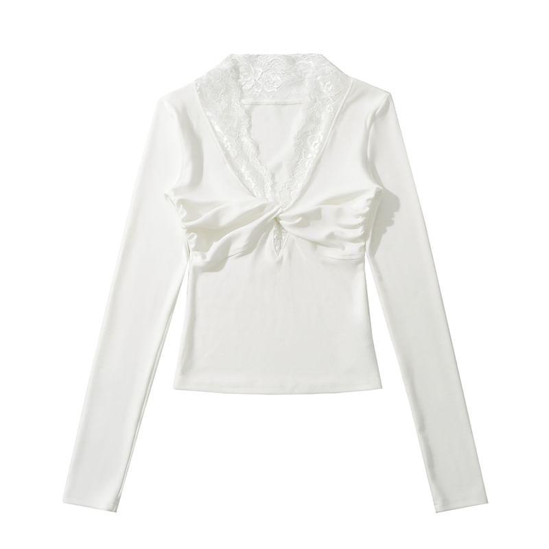 Long Sleeve V-Neck Plain Lace Trim Twist Front Crop Tee Product Image