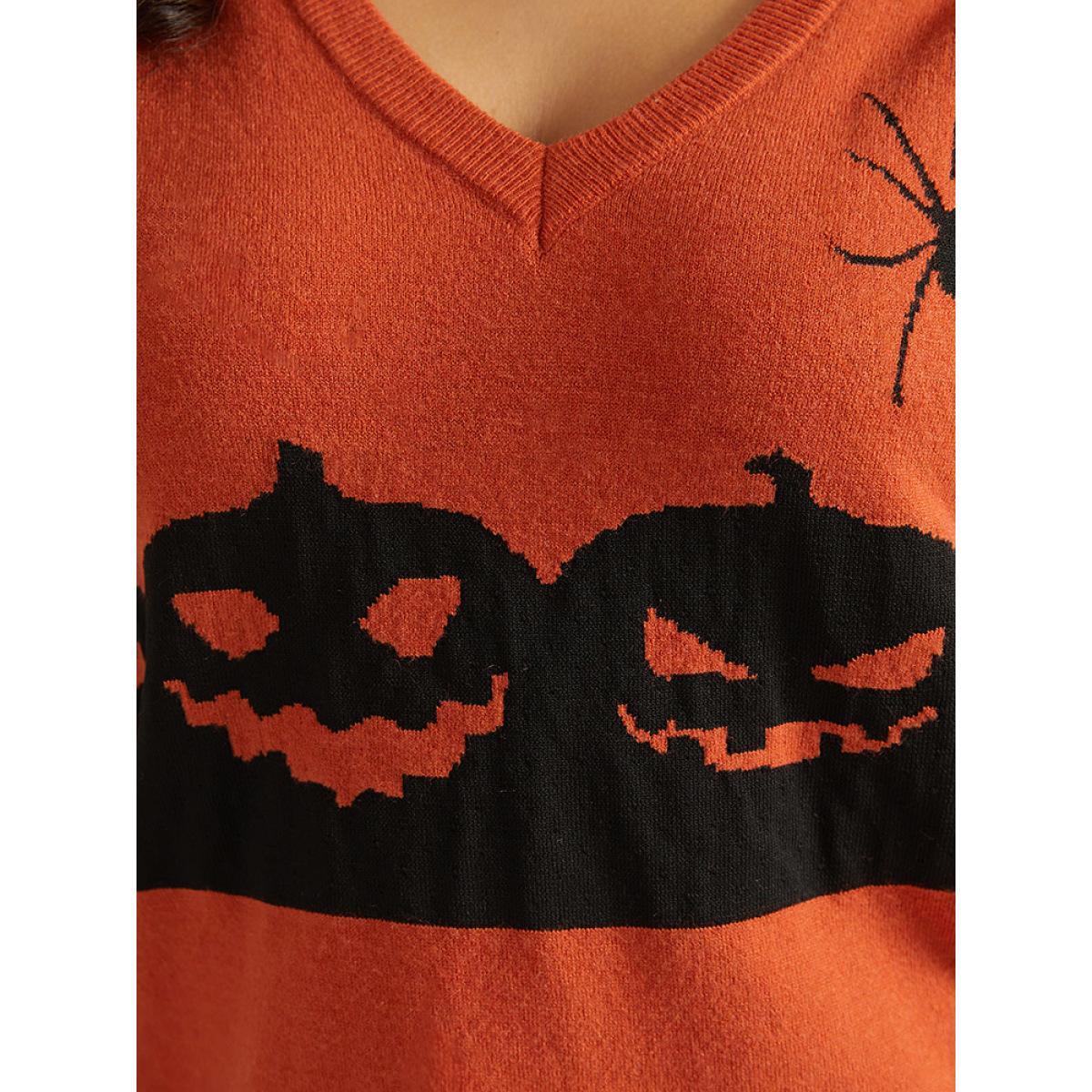 Plus Size Halloween Graphic Pumpkin V Neck Pullover OrangeRed Women Casual Loose Long Sleeve V-neck Dailywear Pullovers BloomChic 26/4X Product Image