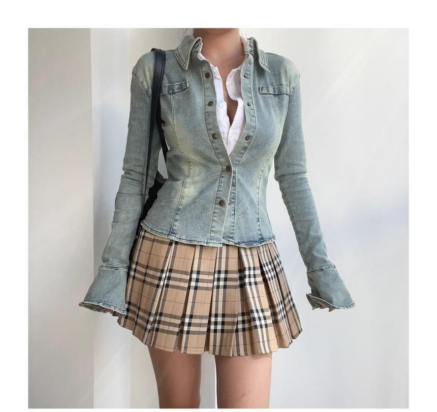 Flared-Sleeve Washed Denim Shirt Product Image