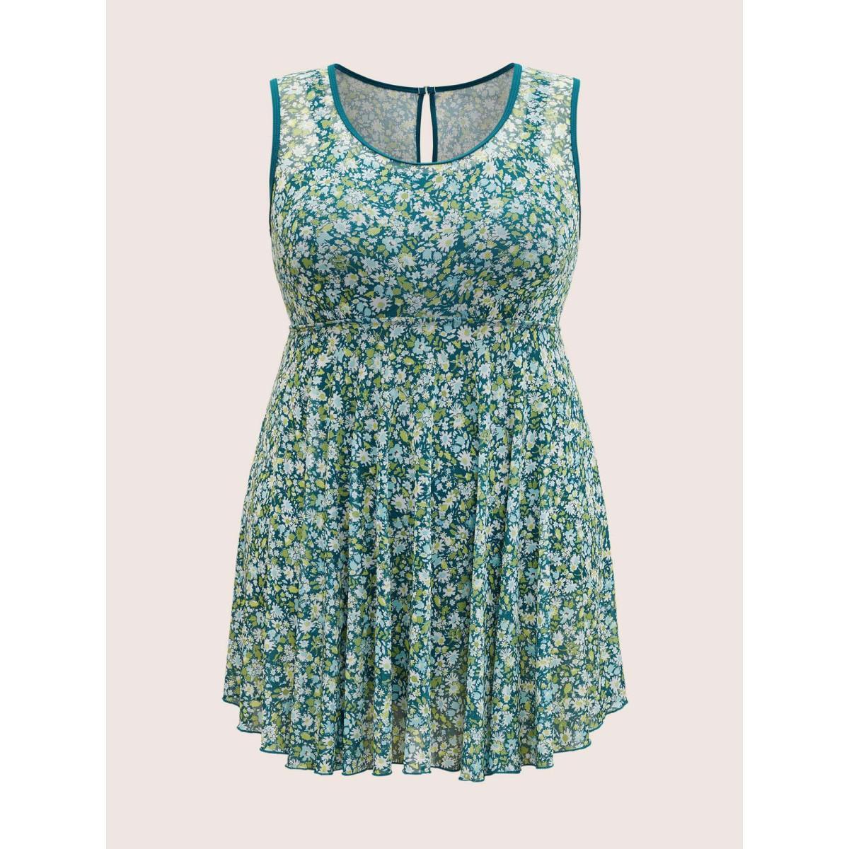 Plus Size Ditsy Floral Round Neck Cut Out Swim Dress Women's Swimwear Moss Beach Bodycon Round Neck High stretch Curve Swim Dresses BloomChic 30/6X Product Image