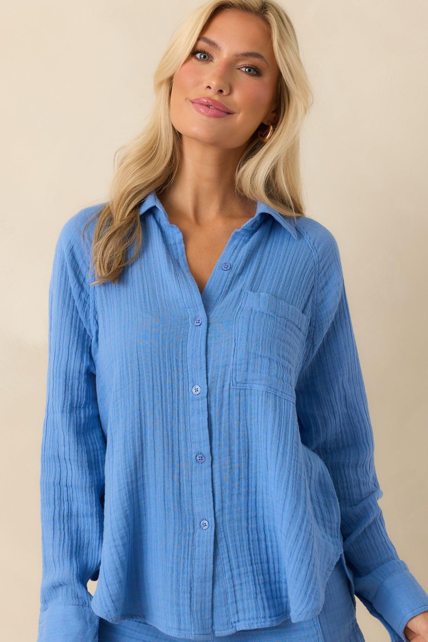 Z Supply Blue Cotton Perfect Airy Gauze Button Up Top Product Image