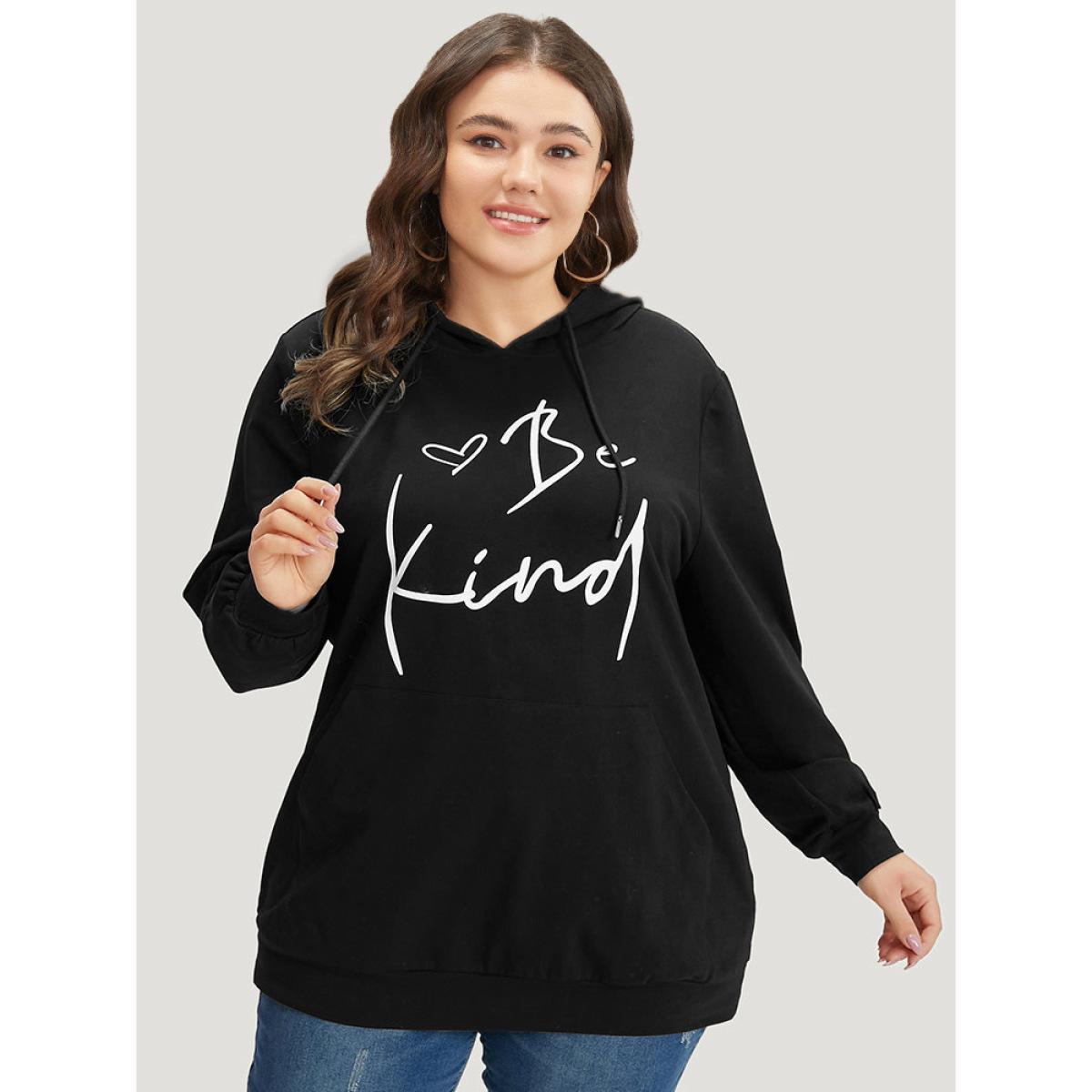 Plus Size Letter Print Pocket Drawstring Hooded Sweatshirt Women Black Casual Elastic cuffs Dailywear Sweatshirts BloomChic 14-16/1X Product Image