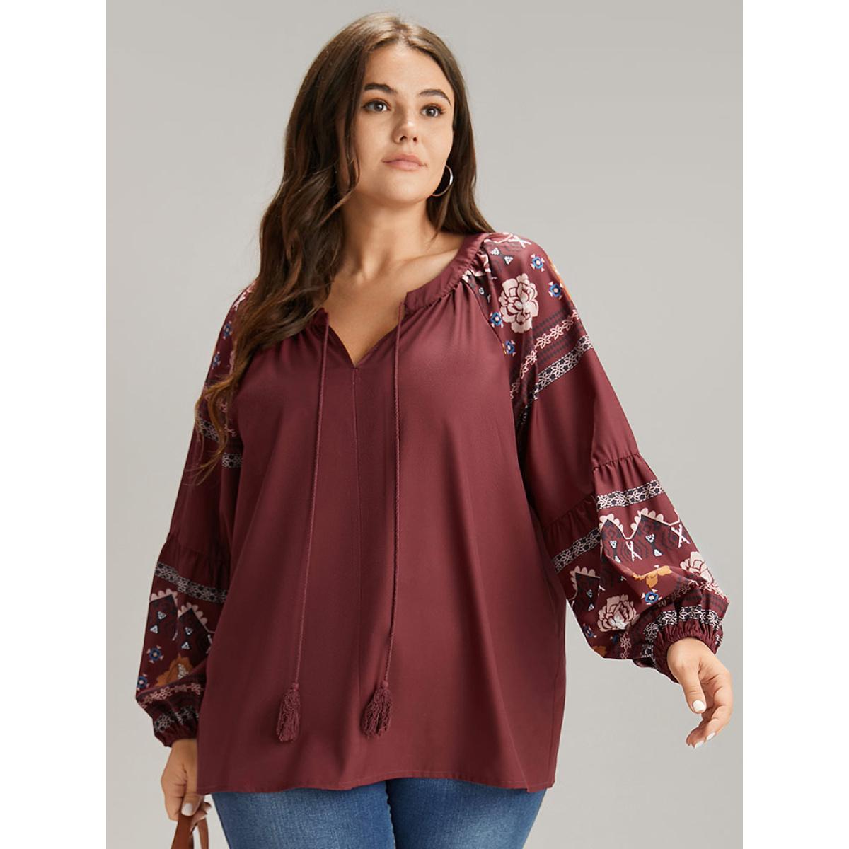 Plus Size Scarlet Boho Print Tie Neck Tassel Trim Blouse Women Vacation Long Sleeve Tie Neck Dailywear Blouses BloomChic 10/M Product Image