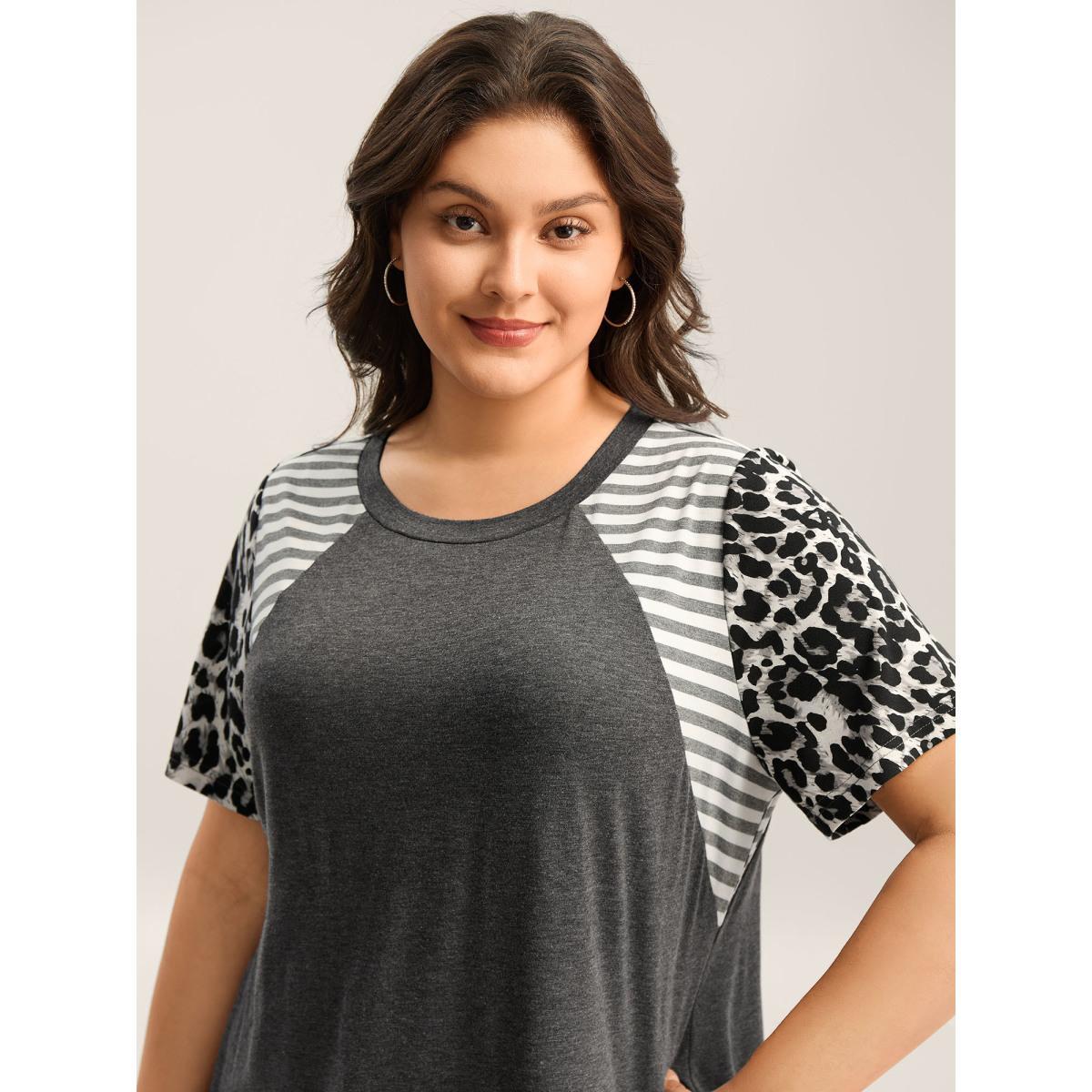 Plus Size Leopard Stripes Raglan Sleeve T-Shirt DimGray Women Contrast Round Neck Everyday-Casual T-shirts BloomChic 12/L Product Image