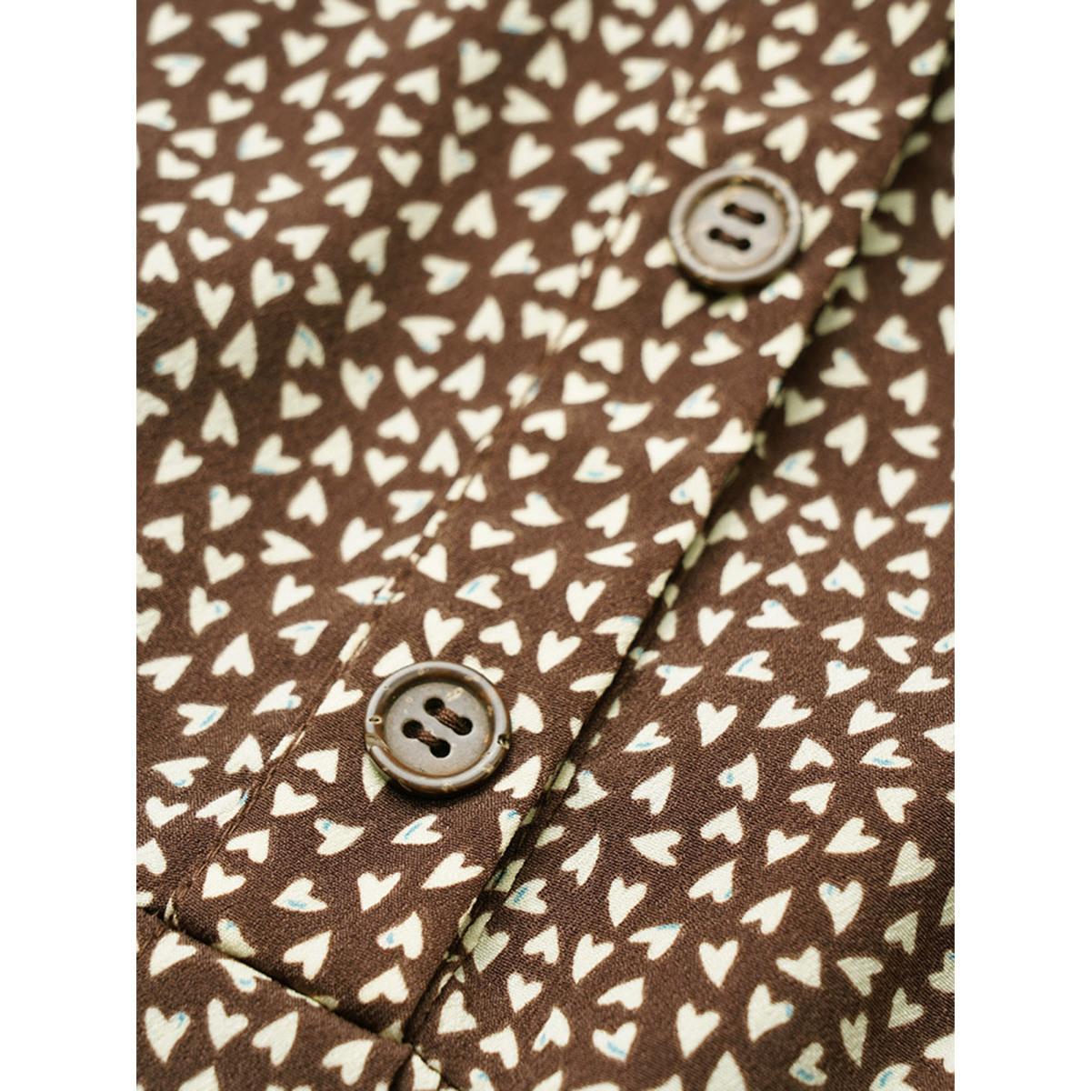 Plus Size Heart Print Lapel Collar Button Detail Knee Dress DarkBrown Women Casual Elastic cuffs Lapel Collar Elbow-length sleeve Curvy Knee Dress BloomChic 28/5X Product Image