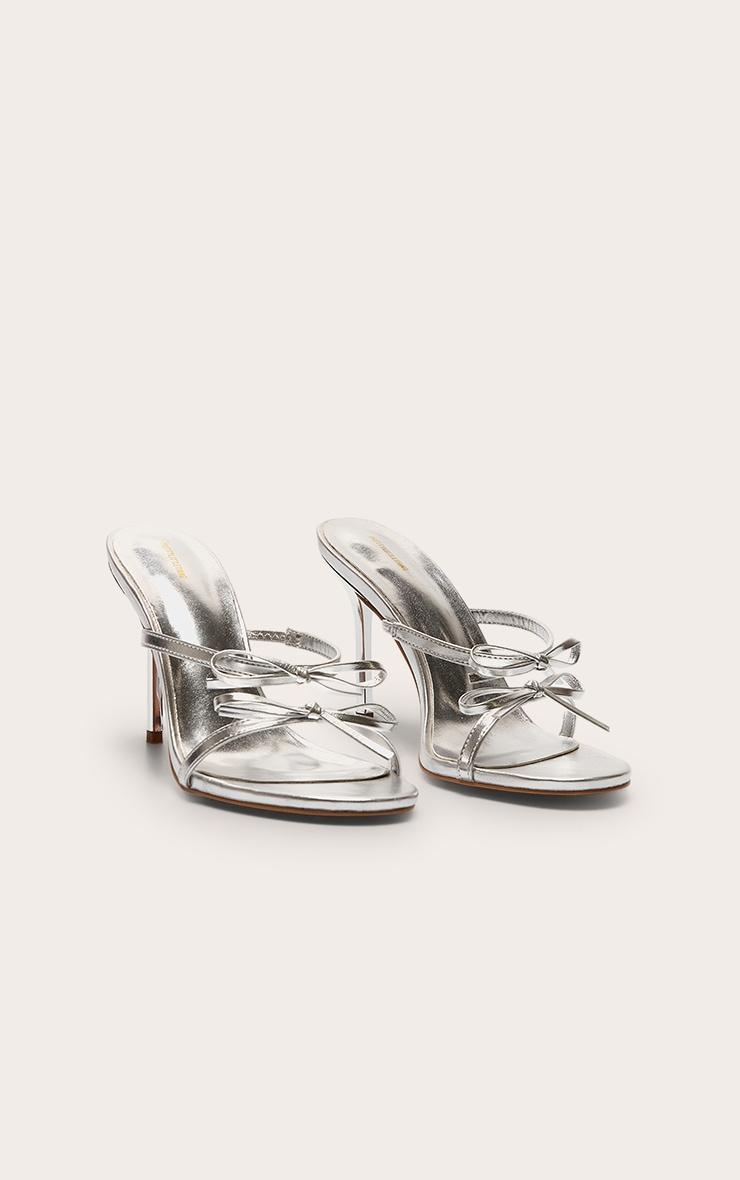 Silver Pu Round Toe Bow Strap High Stiletto Heeled Mules Product Image