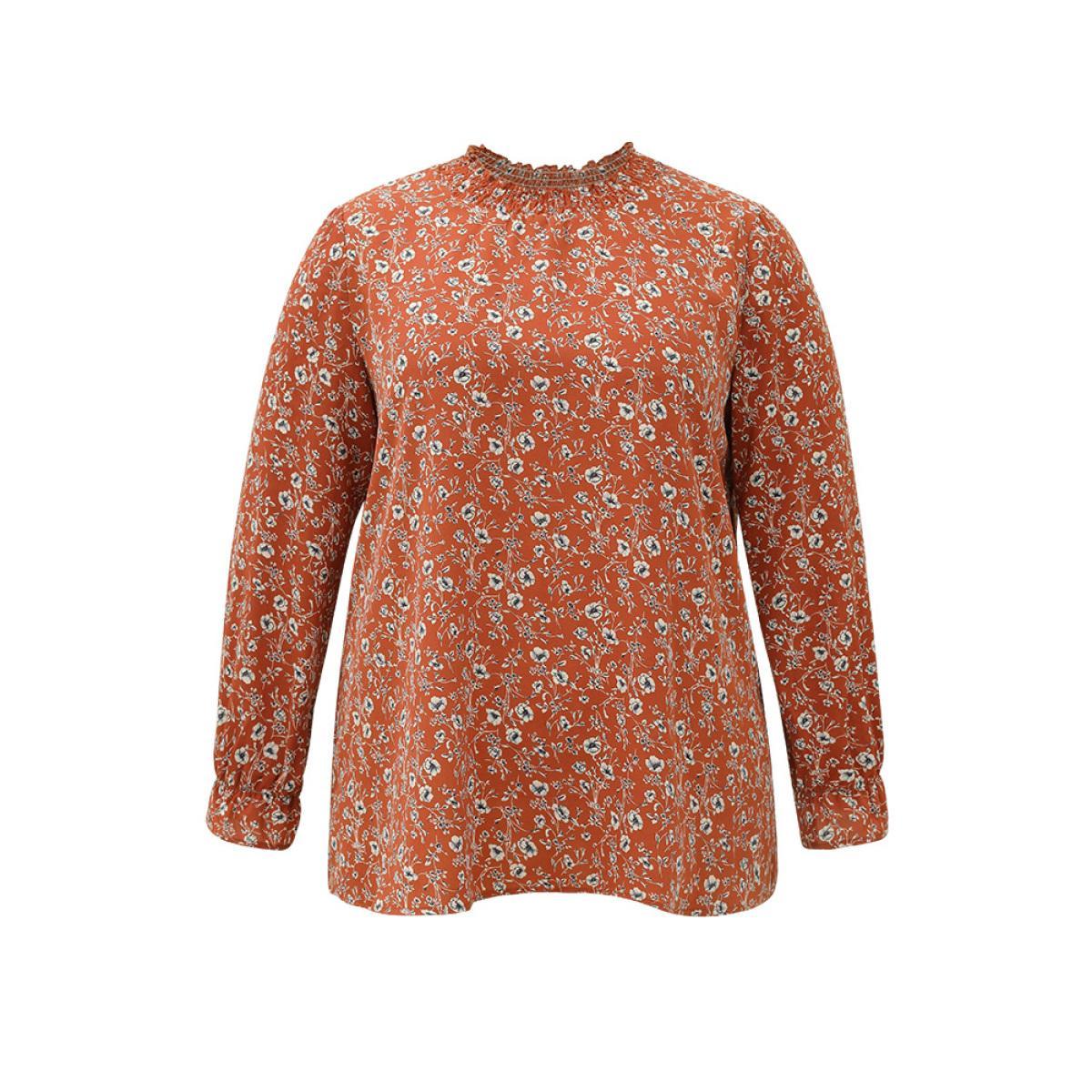 Plus Size Rust Ditsy Floral Shirred Pocket Layered Blouse Women Elegant Long Sleeve Round Neck Dailywear Blouses BloomChic 22-24/3X Product Image