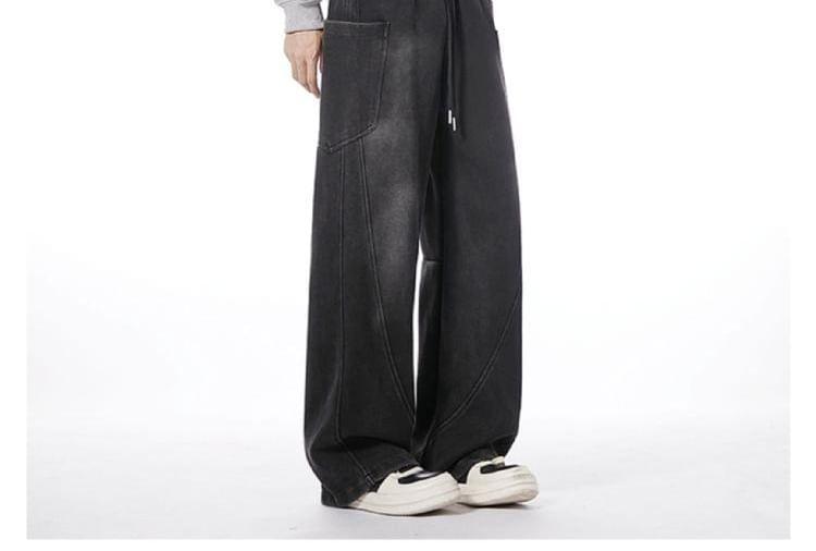 Drawstring Waist Washed Panel Straight Leg Cargo Jeans Product Image