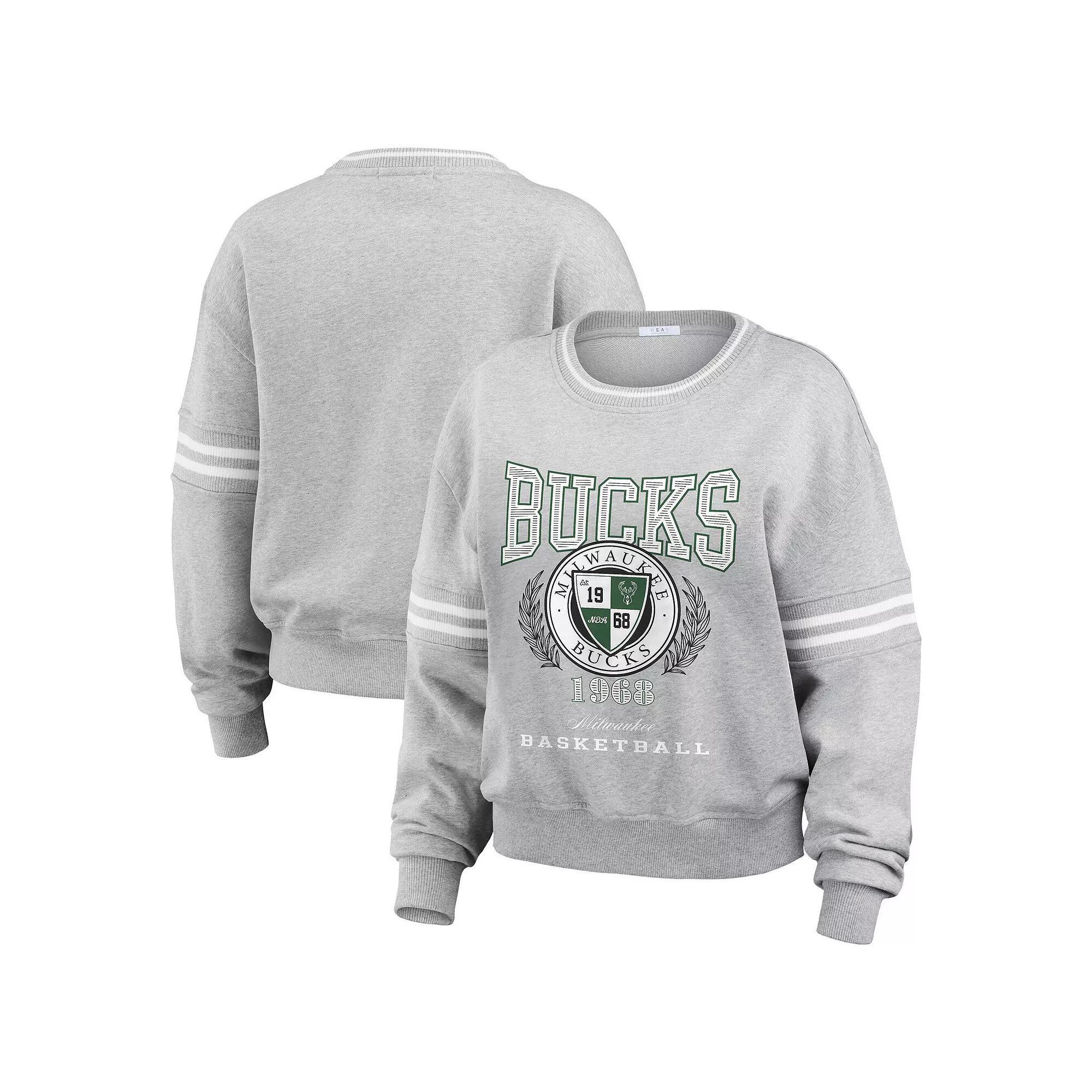 Women's WEAR by Erin Andrews Heather Gray Milwaukee Bucks French Terry Pullover Sweatshirt, Size: Medium, Grey Product Image