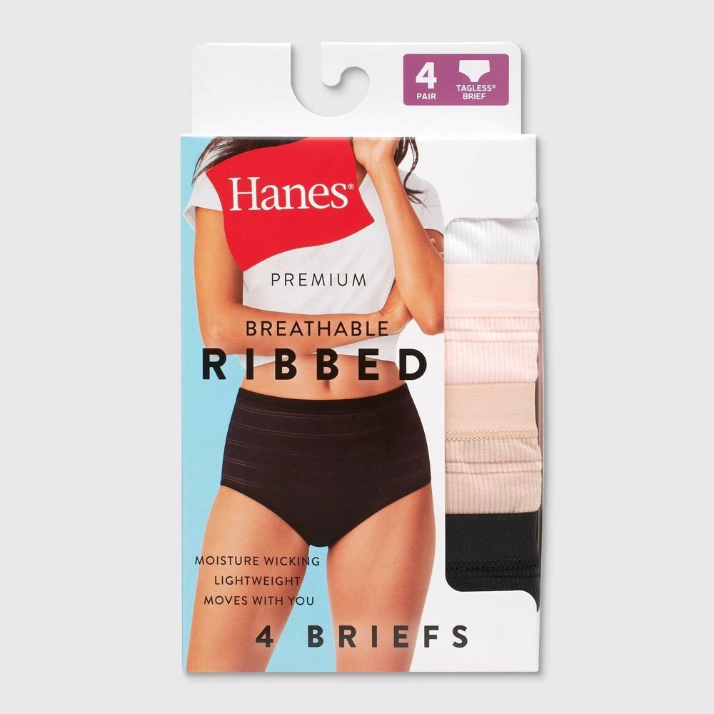 Hanes Premium Women's 4pk Breathable Ribbed Briefs - Black/Beige/White M: High Rise, Tagless, Lightweight Fabric Product Image