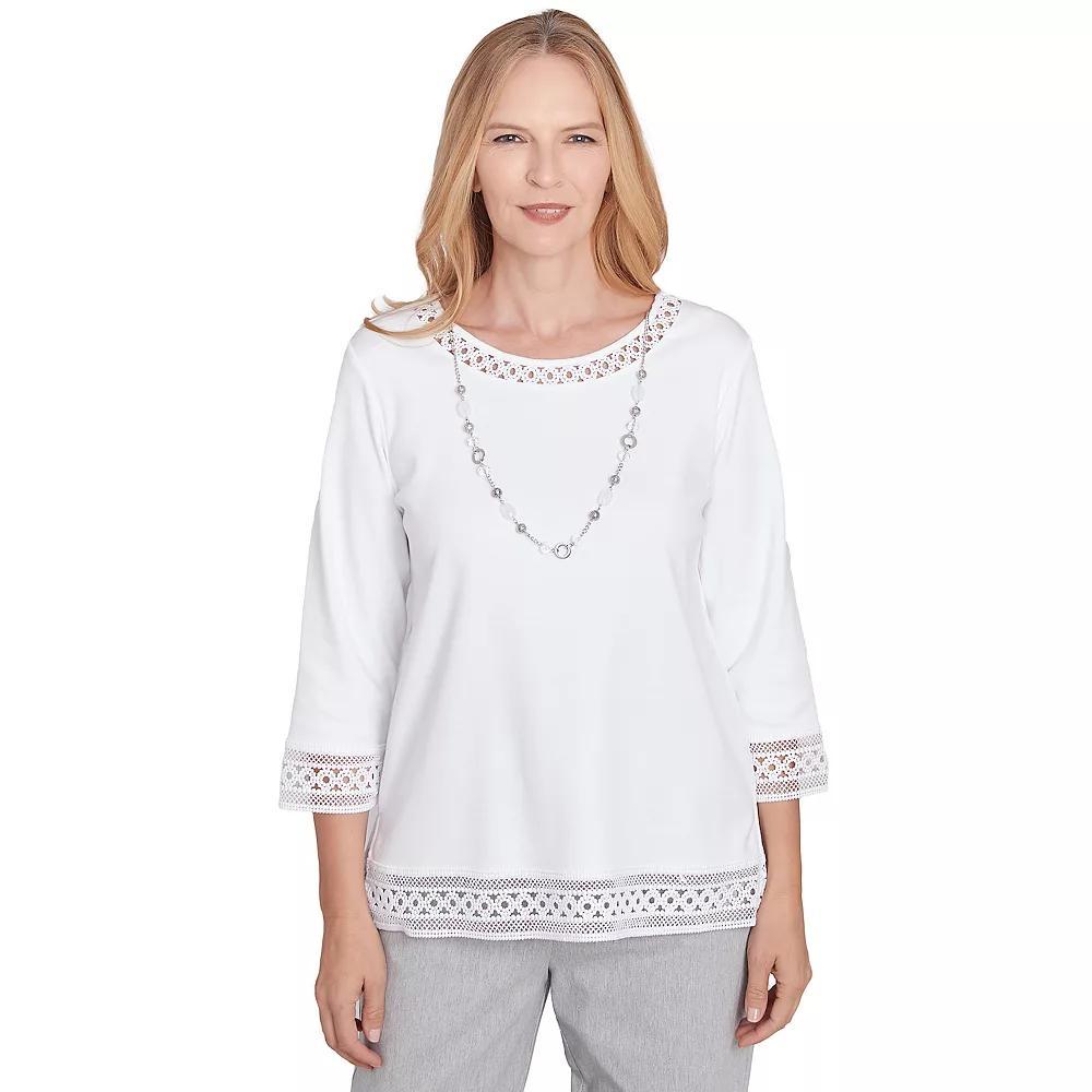 Womens Alfred Dunner Solid Lace Trim Top with Necklace Product Image