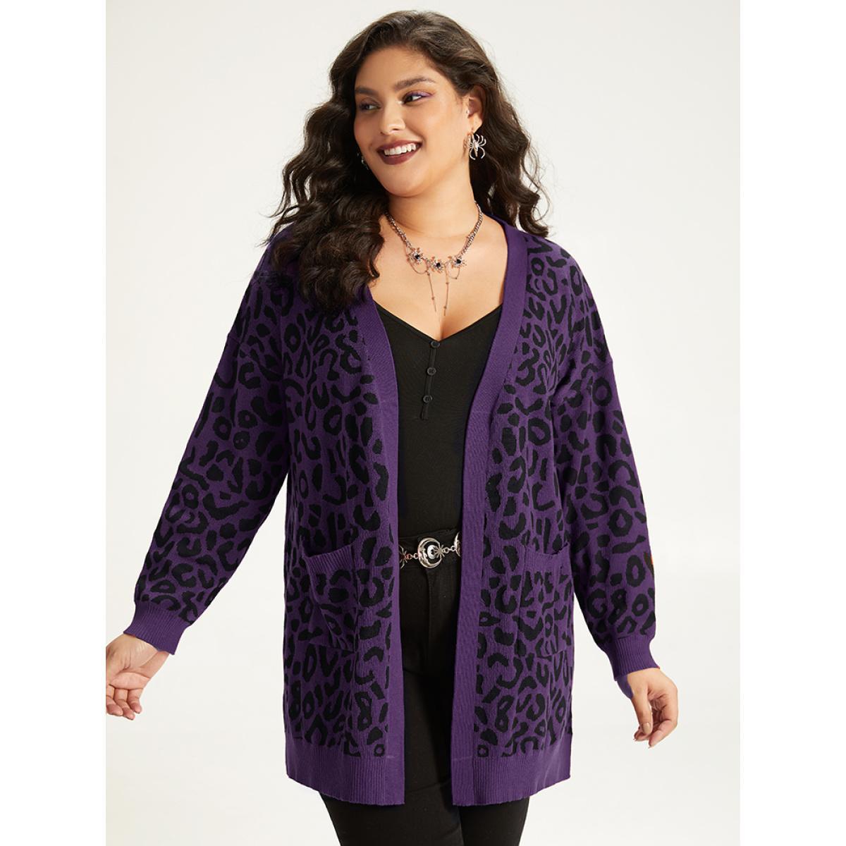 Plus Size Halloween Leopard Print Patched Pocket Split Side Cardigan Purple Women Casual Loose Long Sleeve Festival-Halloween Cardigans BloomChic 22-24/3X Product Image
