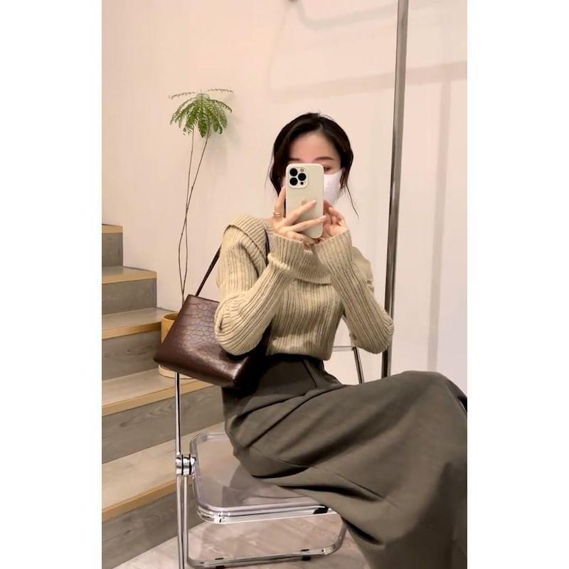 Set: Long-Sleeve Square-Neck Plain Ribbed Knit Top + High Waist Wrap Midi A-Line Skirt Product Image