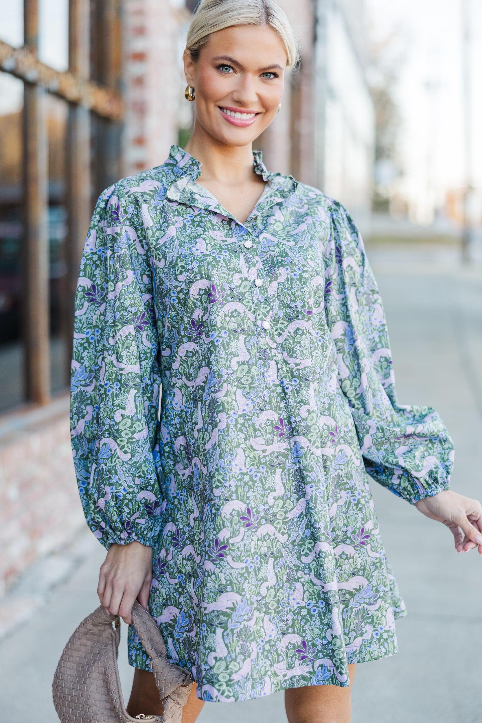 Under The Stars Green Floral Balloon Sleeve Dress Female Product Image