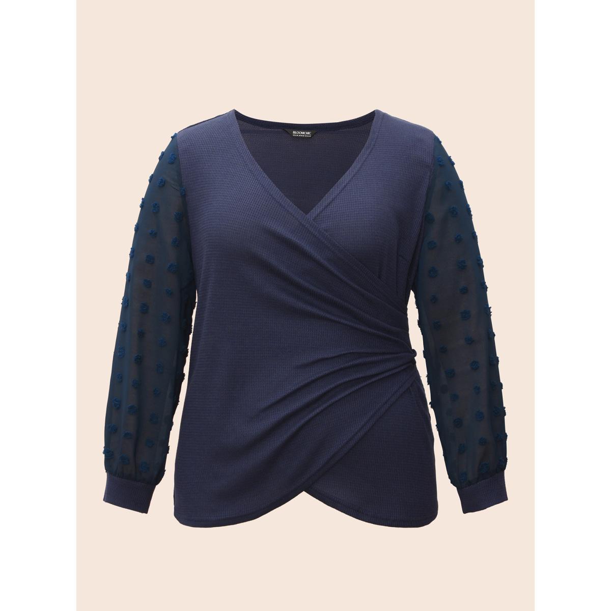 Plus Size Waffle Knit Patchwork Mesh Overlapping T-shirt Indigo Women Elegant Overlapping V-neck Bodycon Everyday T-shirts BloomChic 28/5X Product Image
