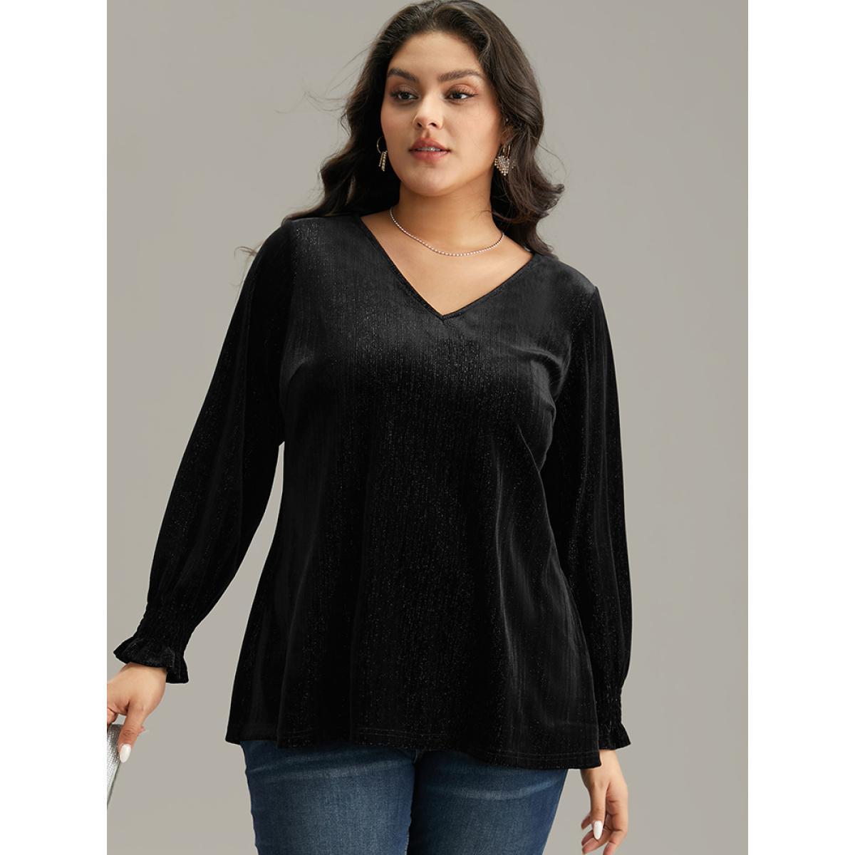Plus Size Black Solid Velvet Glitter Shirred Ruffles Blouse Women Glamour Long Sleeve V-neck Going out Blouses BloomChic 18-20/2X Product Image