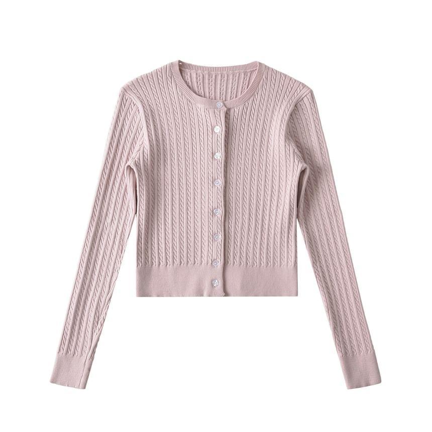 Round Neck Plain Cable Knit Cardigan Product Image
