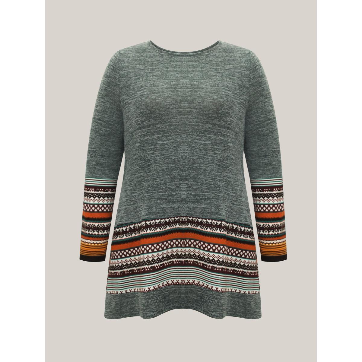 Plus Size Tunic Boho Print Pocket T-shirt Sage Women Casual Contrast Round Neck Loose Everyday T-shirts BloomChic 30/6X Product Image