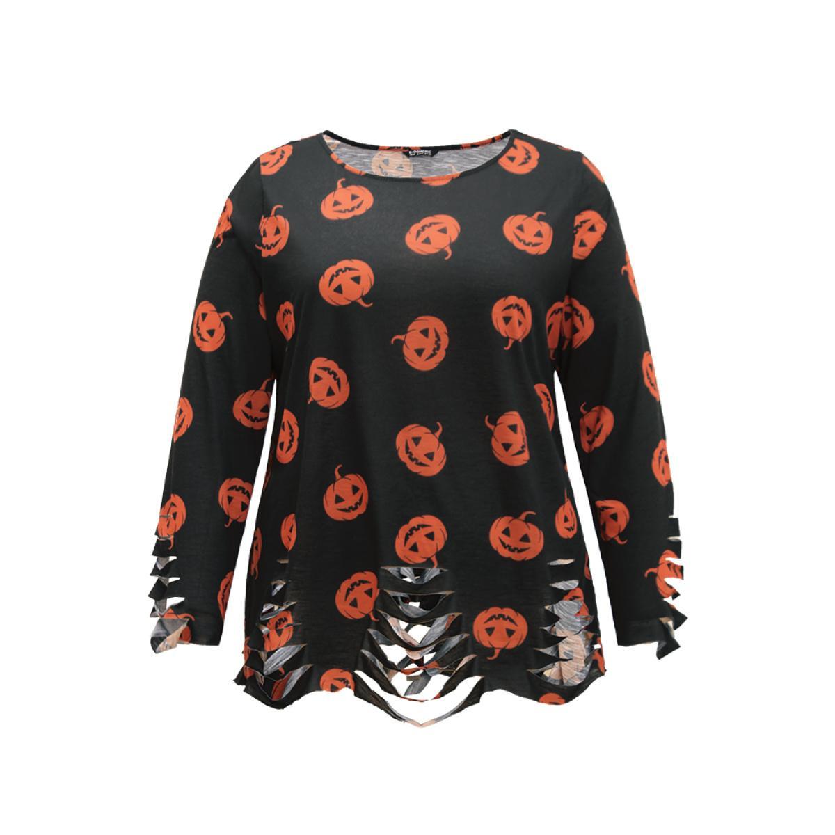 Plus Size Halloween Pumpkin Print Distressed T-shirt Black Women Casual Printed Graphic-Halloween Round Neck Festival-Halloween T-shirts BloomChic 30/6X Product Image