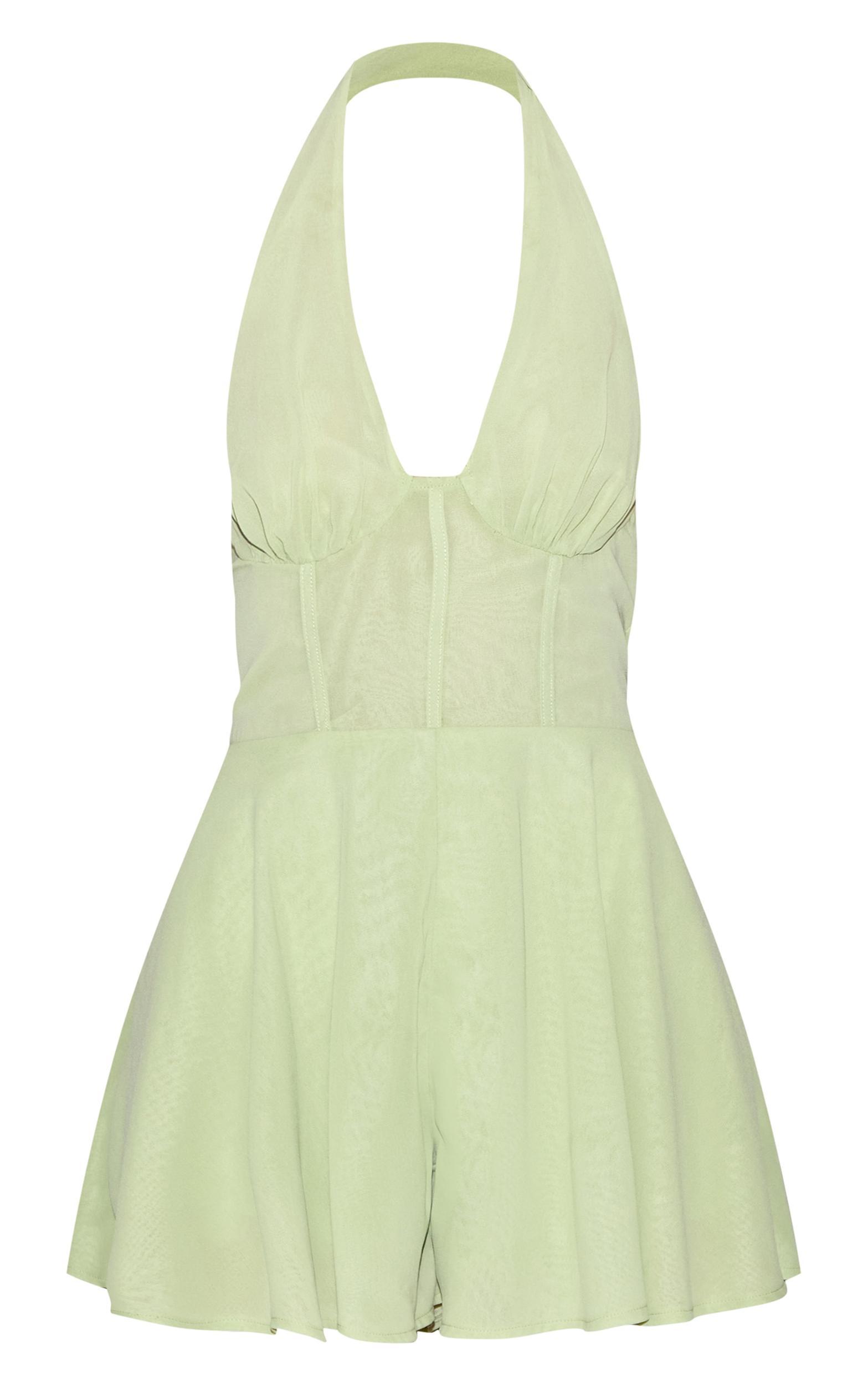 Pale Lime Chiffon Halterneck Corset Detail Skort Romper Product Image
