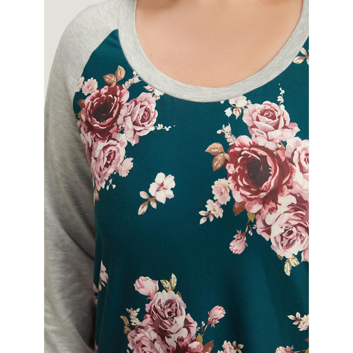 Plus Size Floral Contrast Raglan Sleeve T-shirt Cyan Women Casual Printed Floral Round Neck Everyday T-shirts BloomChic 10/M Product Image