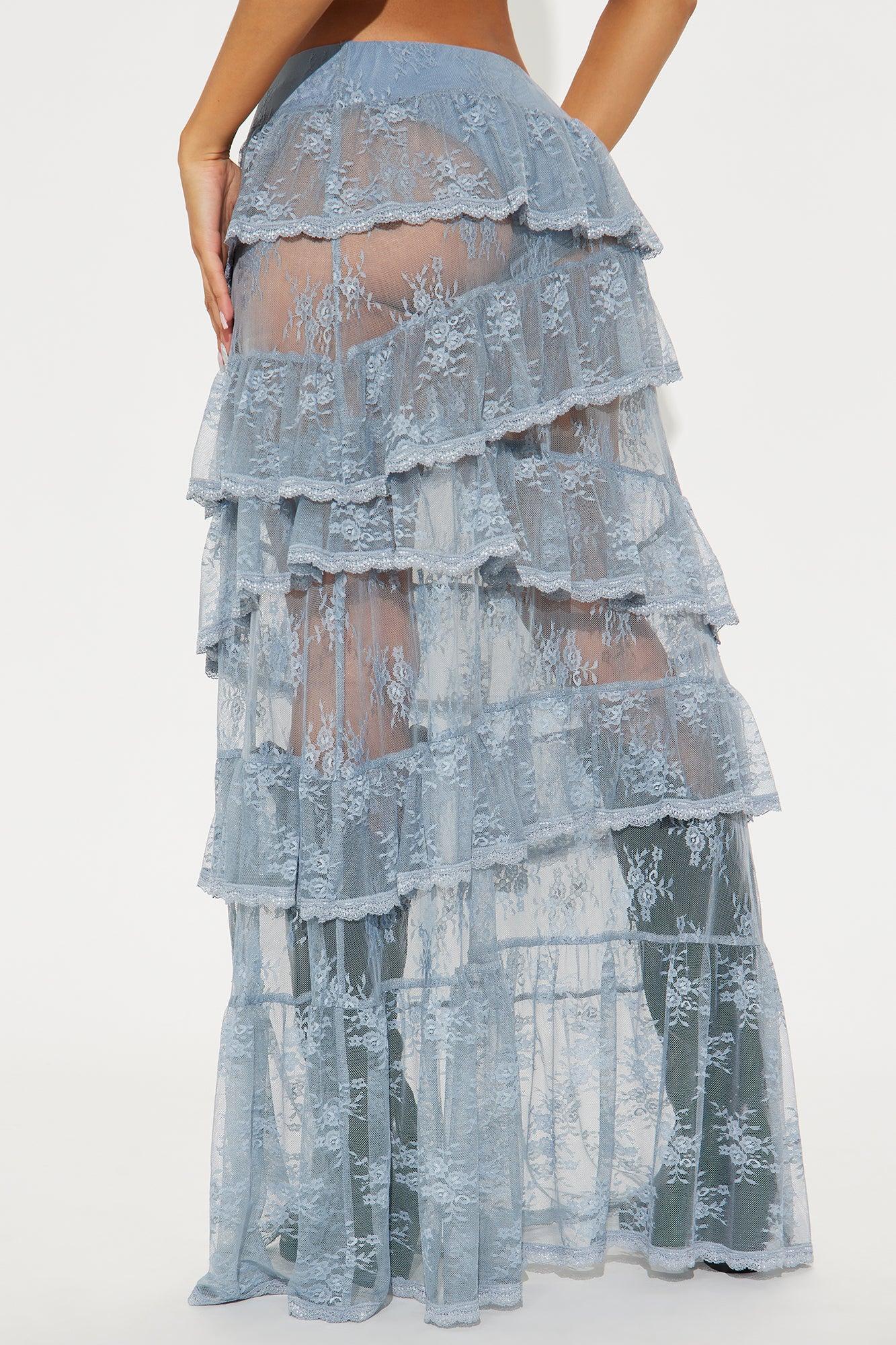 Daydreamer Sheer Lace Tiered Maxi Skirt - Light Blue Product Image