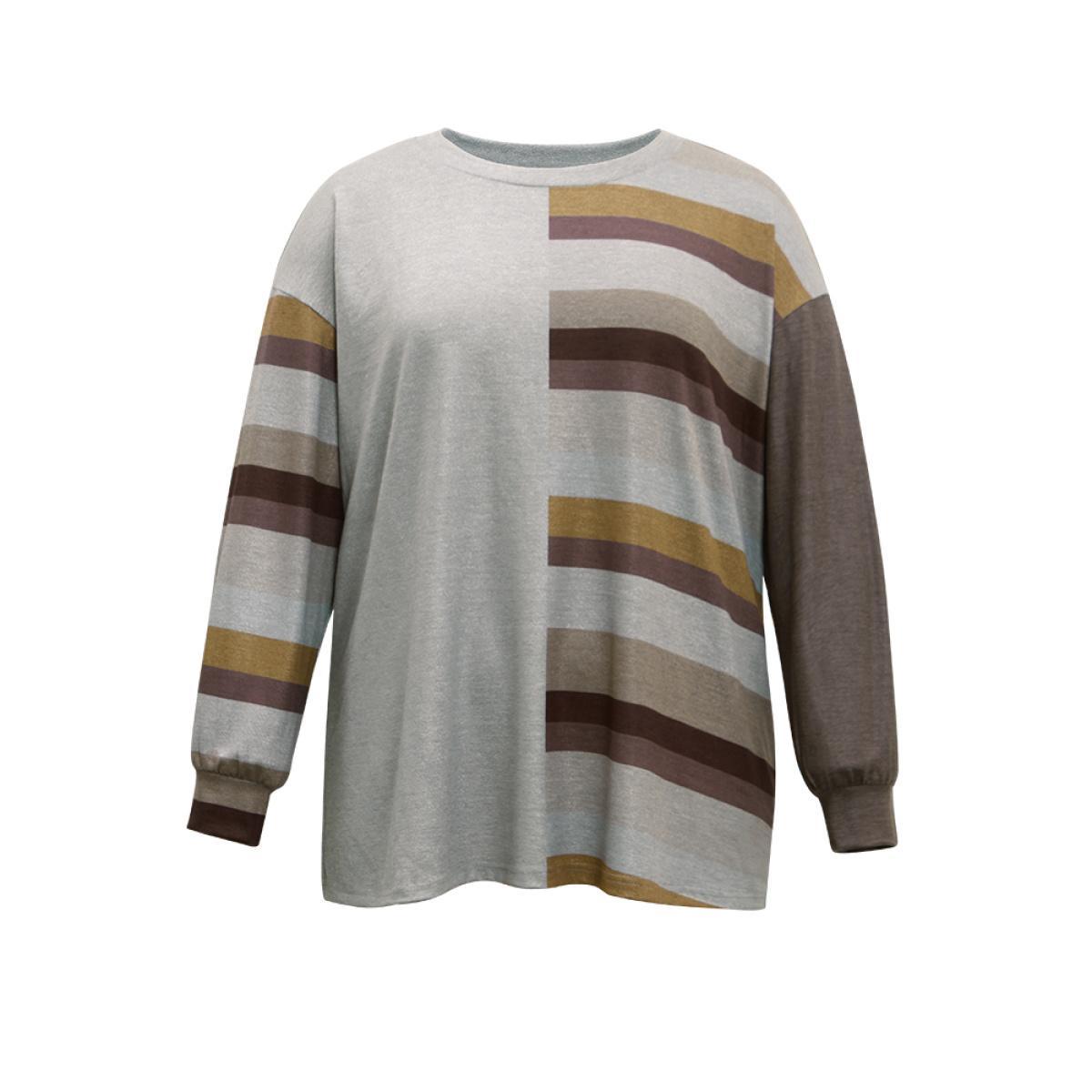 Plus Size Striped Patchwork Contrast Crew Neck Sweatshirt Women DimGray Casual Elastic cuffs Round Neck Dailywear Sweatshirts BloomChic 22-24/3X Product Image