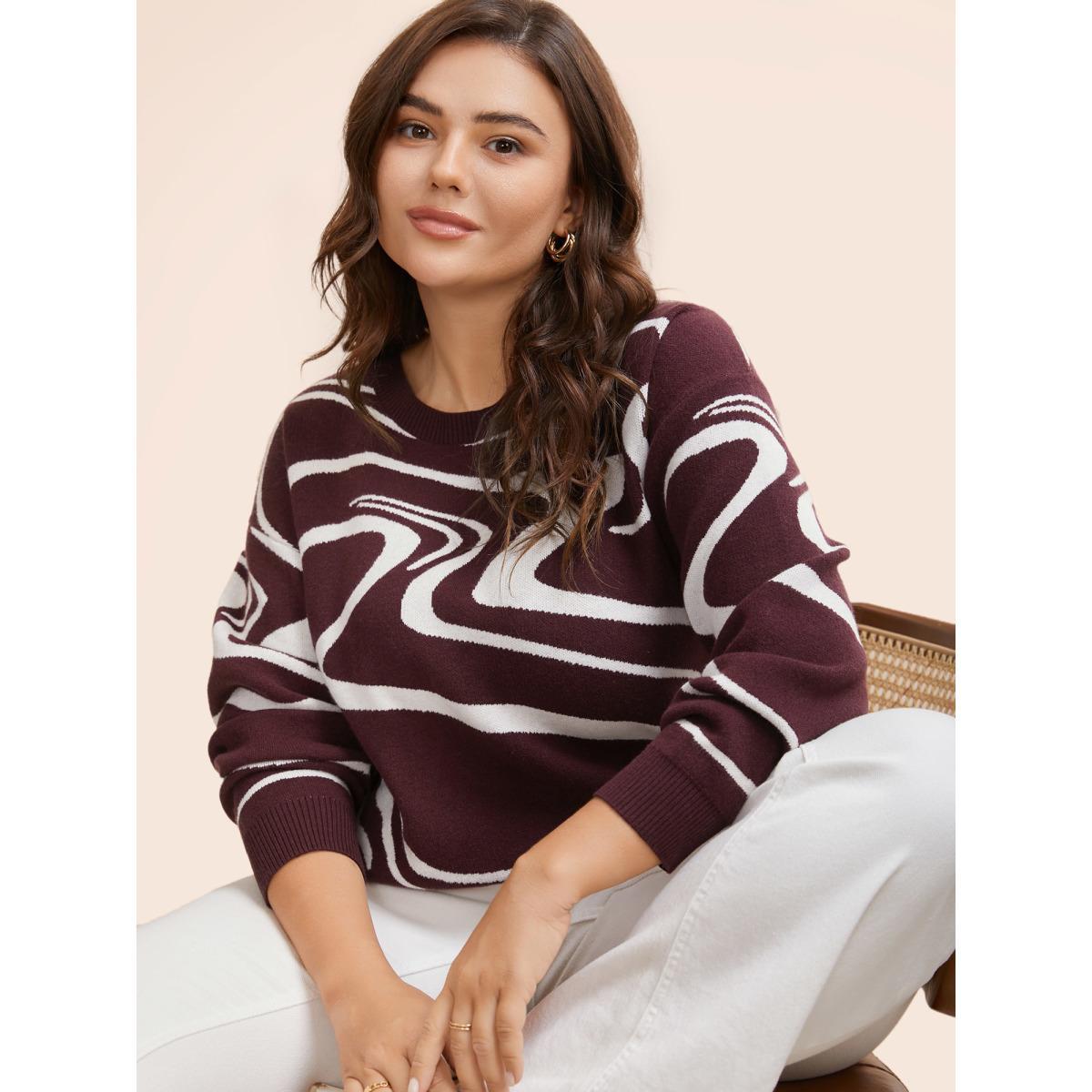 Plus Size Water Ripple Contrast Drop Shoulder Pullover DarkBrown Women Casual Loose Long Sleeve Round Neck Everyday Pullovers BloomChic 18-20/2X Product Image
