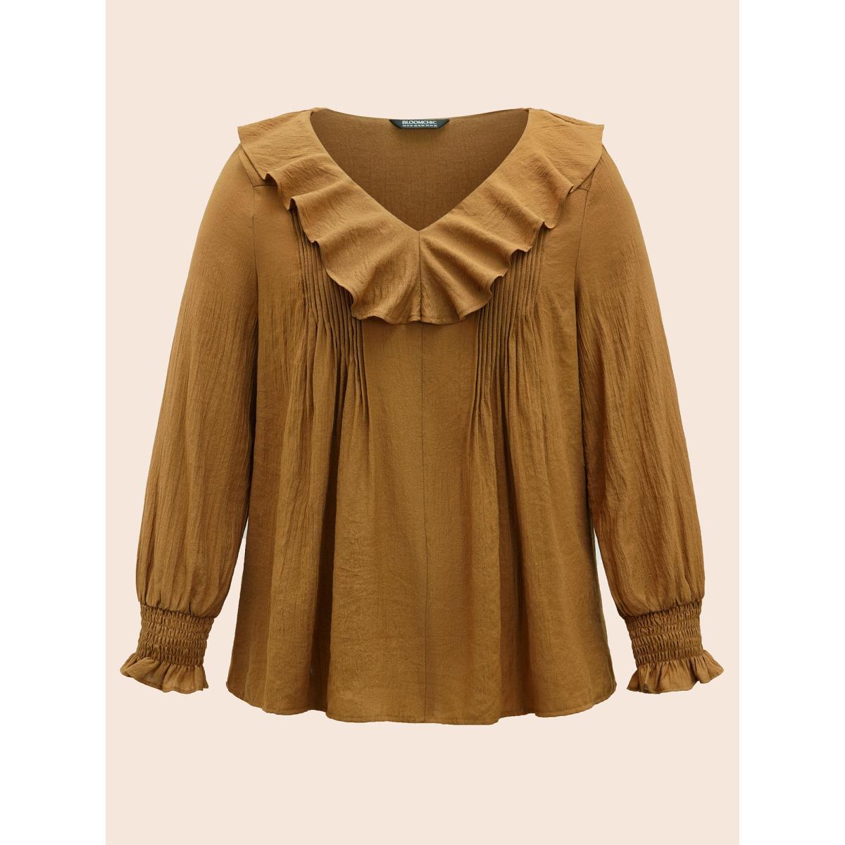 Plus Size Yellowishbrown Solid Texture Pleated Ruffle Trim Blouse Women Elegant Long Sleeve Deep V-neck Everyday Blouses BloomChic 22-24/3X Product Image
