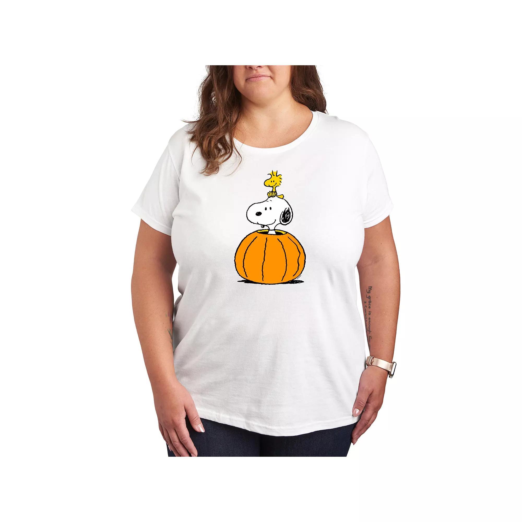 Plus Size Peanuts Snoopy & Woodstock Pumpkin Graphic Tee, Womens Grey Gray Product Image