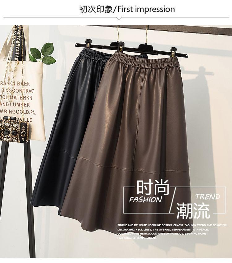 High Rise Plain Faux Leather Midi A-Line Skirt Product Image