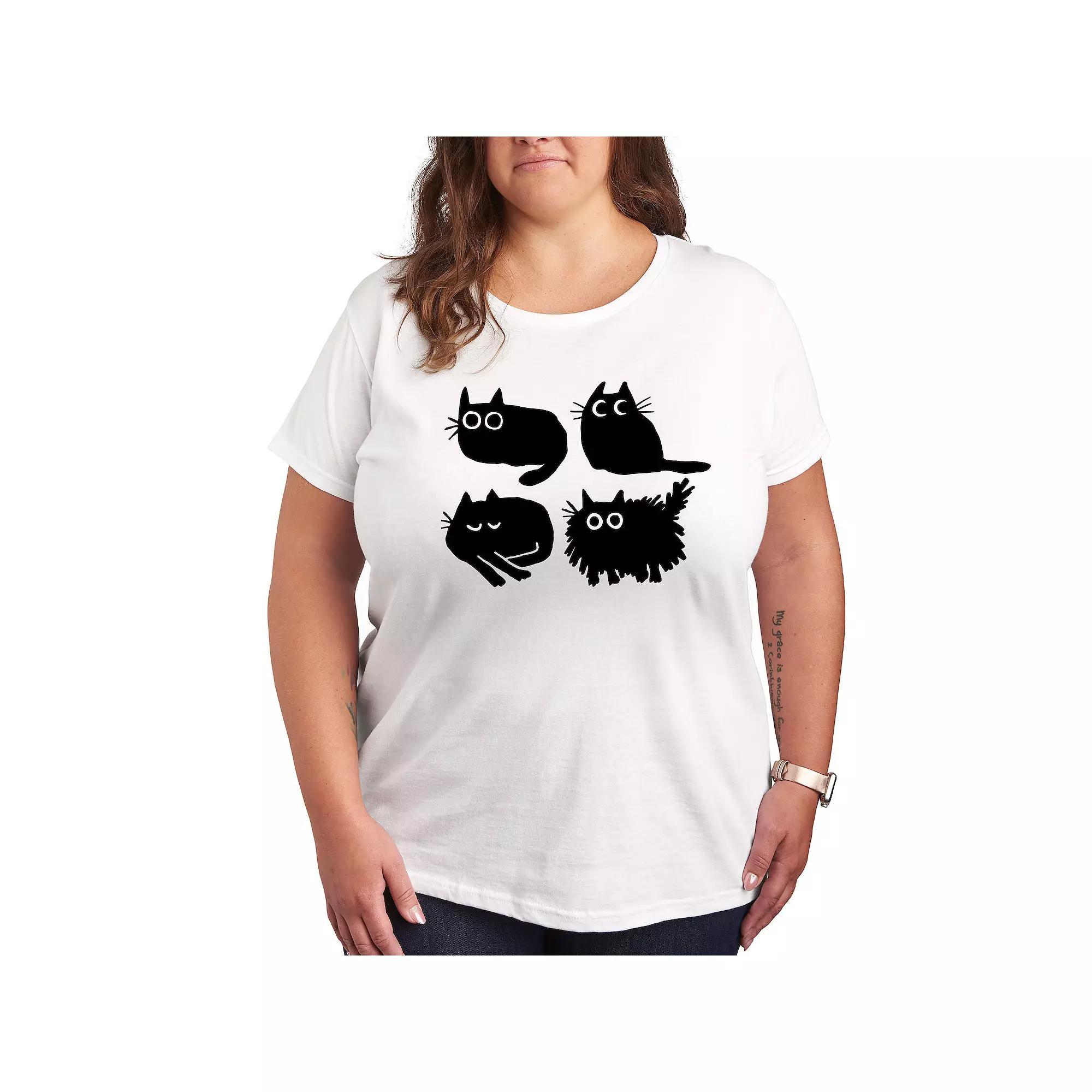 Plus Sketched Black Cats Graphic Tee, Womens Grey Royal Blue Product Image