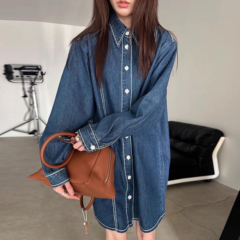 Long-Sleeve Denim Mini Shirt Dress Product Image