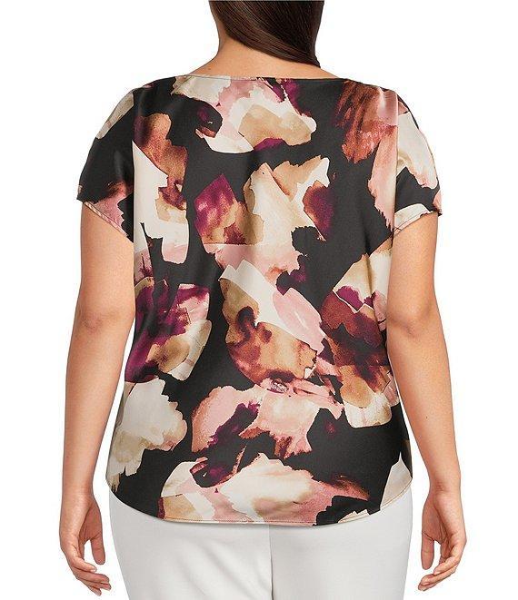 Anne Klein Plus Size Cowl Neck Short Sleeve Printed Satin Blouse Product Image