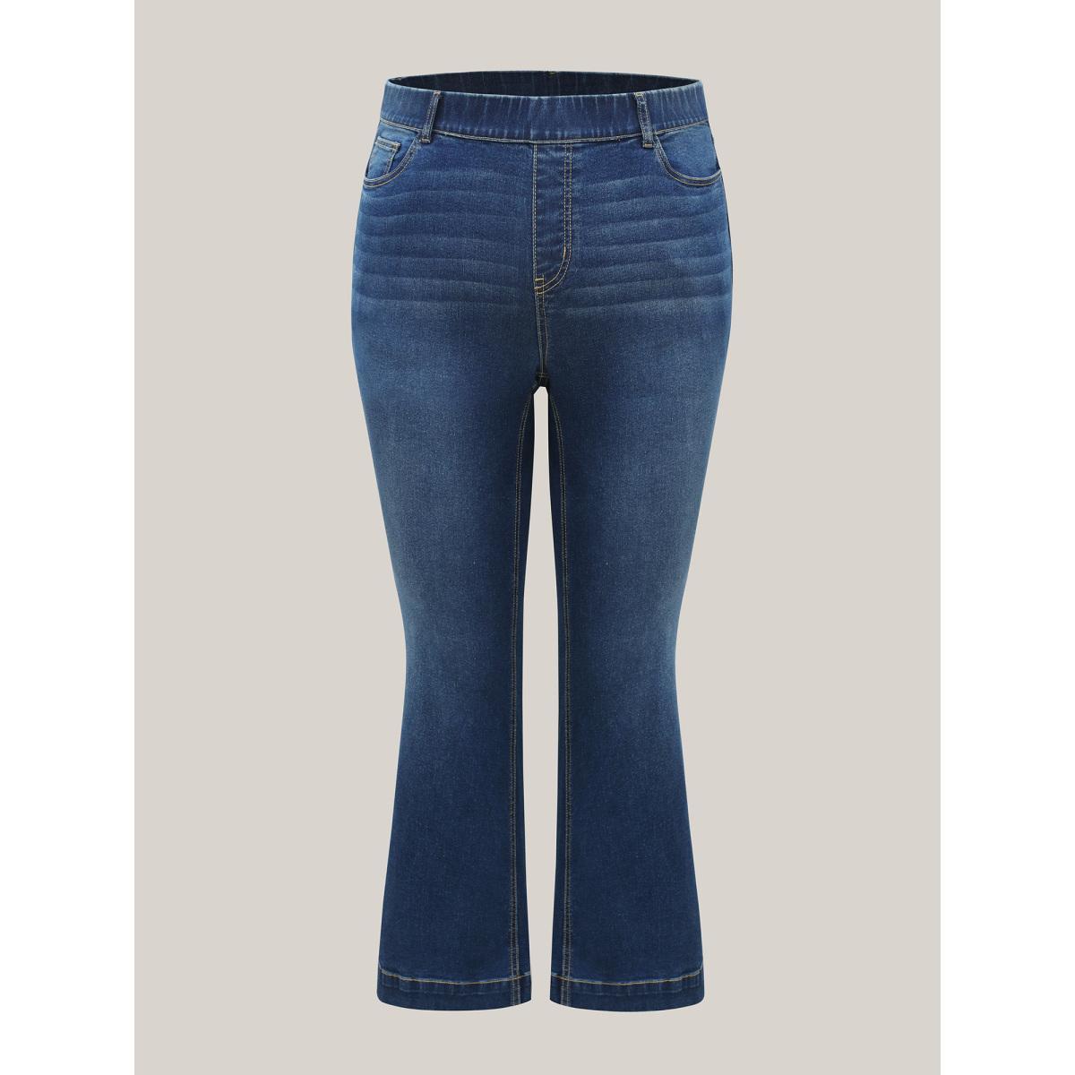 Plus Size Stretchy Waist Whiskered Bootcut Jeans Women Denimindigo Elegant Medium stretch Slanted pocket Jeans BloomChic 30/6X Product Image