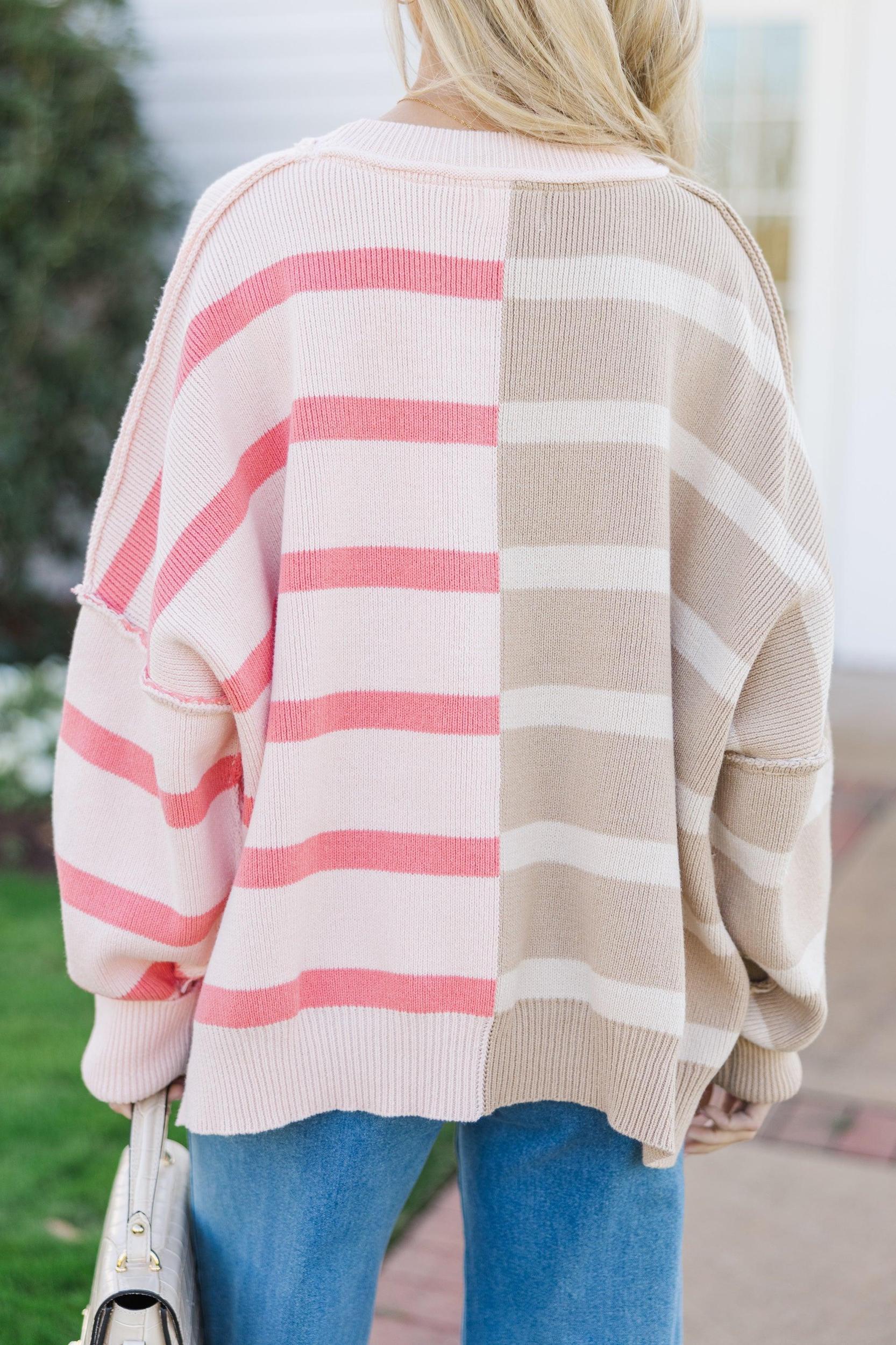 Give You Joy Peach Pink Striped Sweater Female Product Image