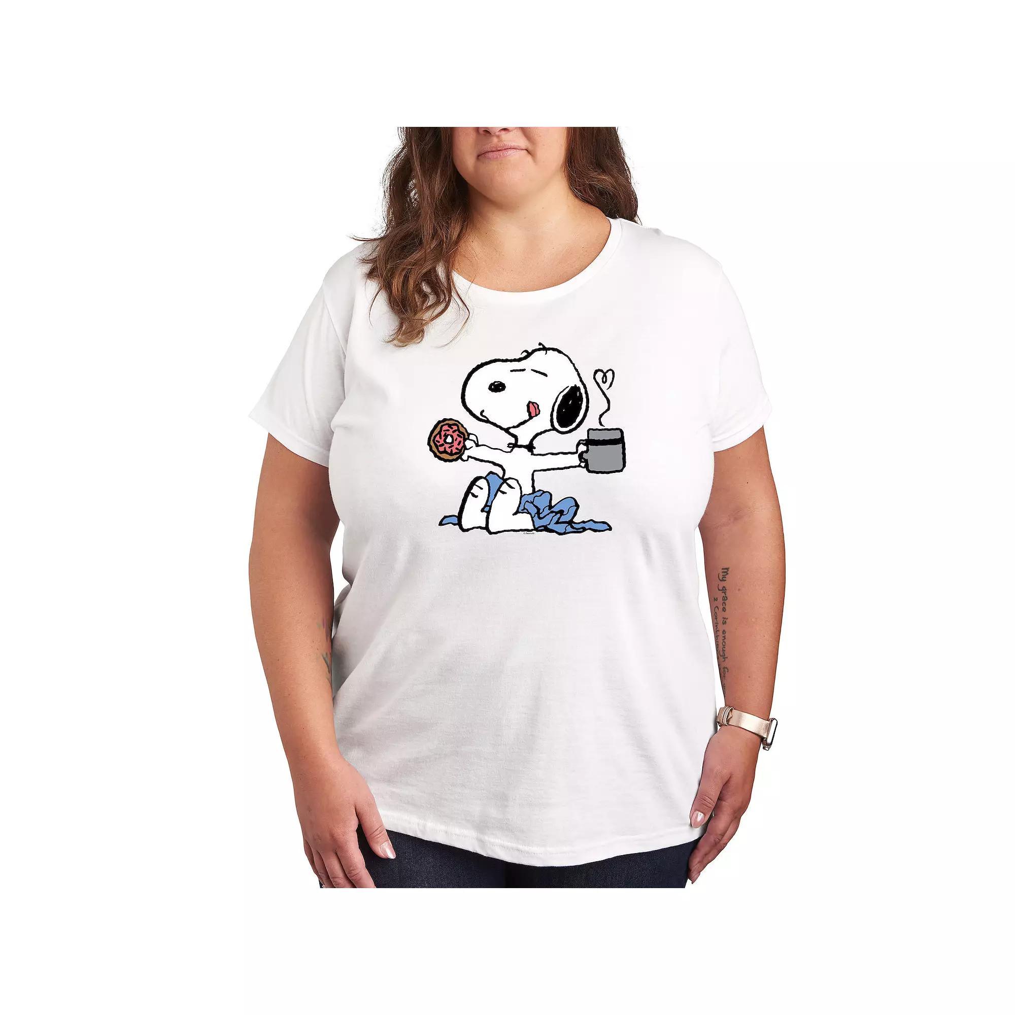 Plus Peanuts Donut Coffee Snoopy Graphic Tee, Women's, Size: 1XL, White Product Image