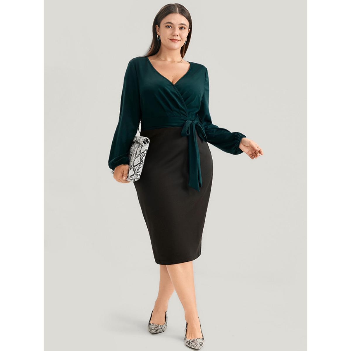 Plus Size Colorblock Contrast Wrap Lantern Sleeve Belted Bodycon Dress DarkGreen Women Glamour Contrast V-neck Long Sleeve Curvy Midi Dress BloomChic 12/L Product Image