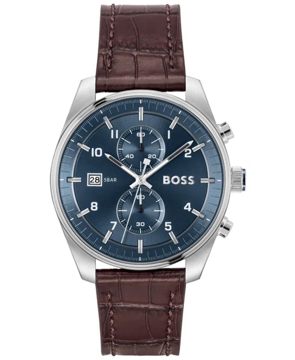 Hugo Boss Mens Skytraveller Quartz Chronograph Burgundy Dial Black Leather Strap Watch Product Image