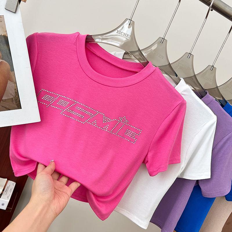 Short-Sleeve Round Neck Lettering Rhinestone T-Shirt Product Image