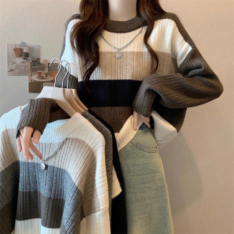 Drop Shoulder Round Neck Striped Crop Sweater Product Image
