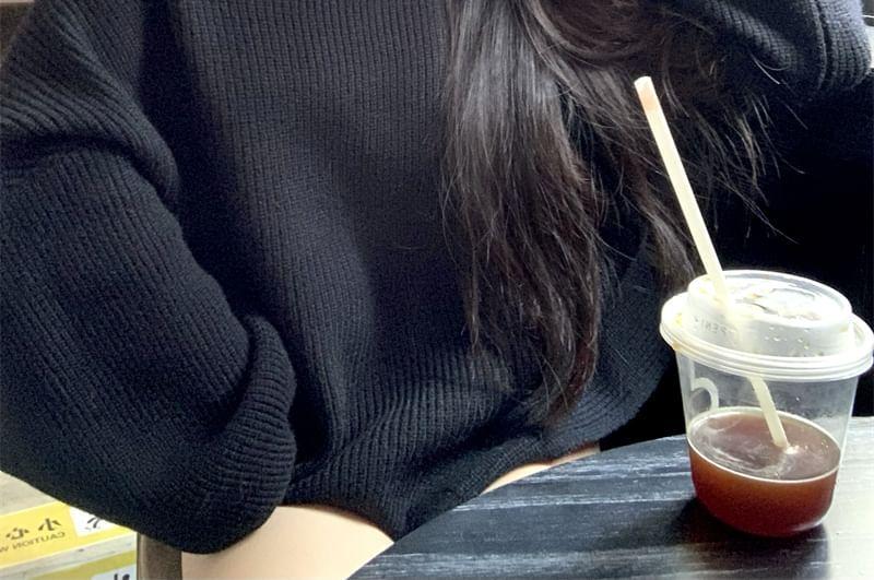 Off Shoulder Plain Ribbed Knit Oversized Sweater Product Image