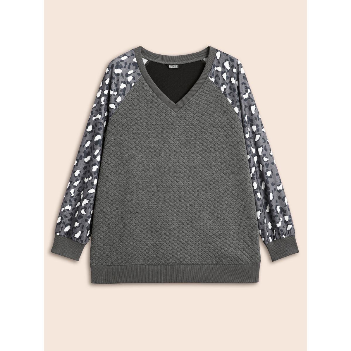 Plus Size Leopard Print Patchwork Raglan Sleeve Sweatshirt Women DimGray Casual Texture V-neck Everyday Sweatshirts BloomChic 10/M Product Image