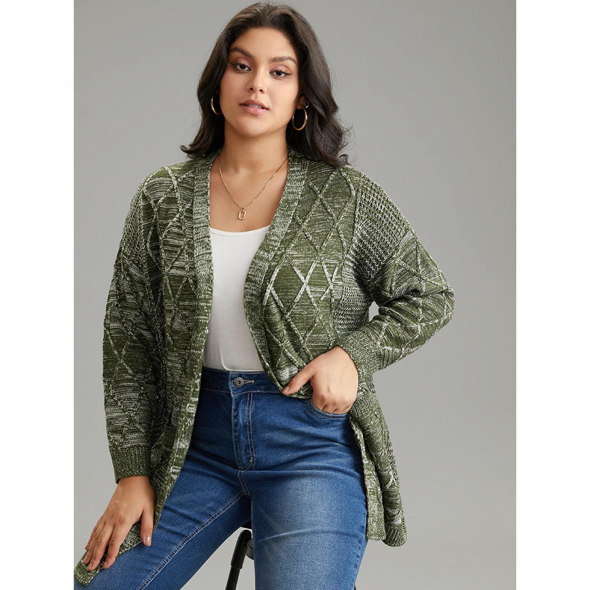 Plus Size Solid Heather Pocket Cable Knit Open Front Cardigan ArmyGreen Women Casual Loose Long Sleeve Dailywear Cardigans BloomChic 18-20/2X Product Image