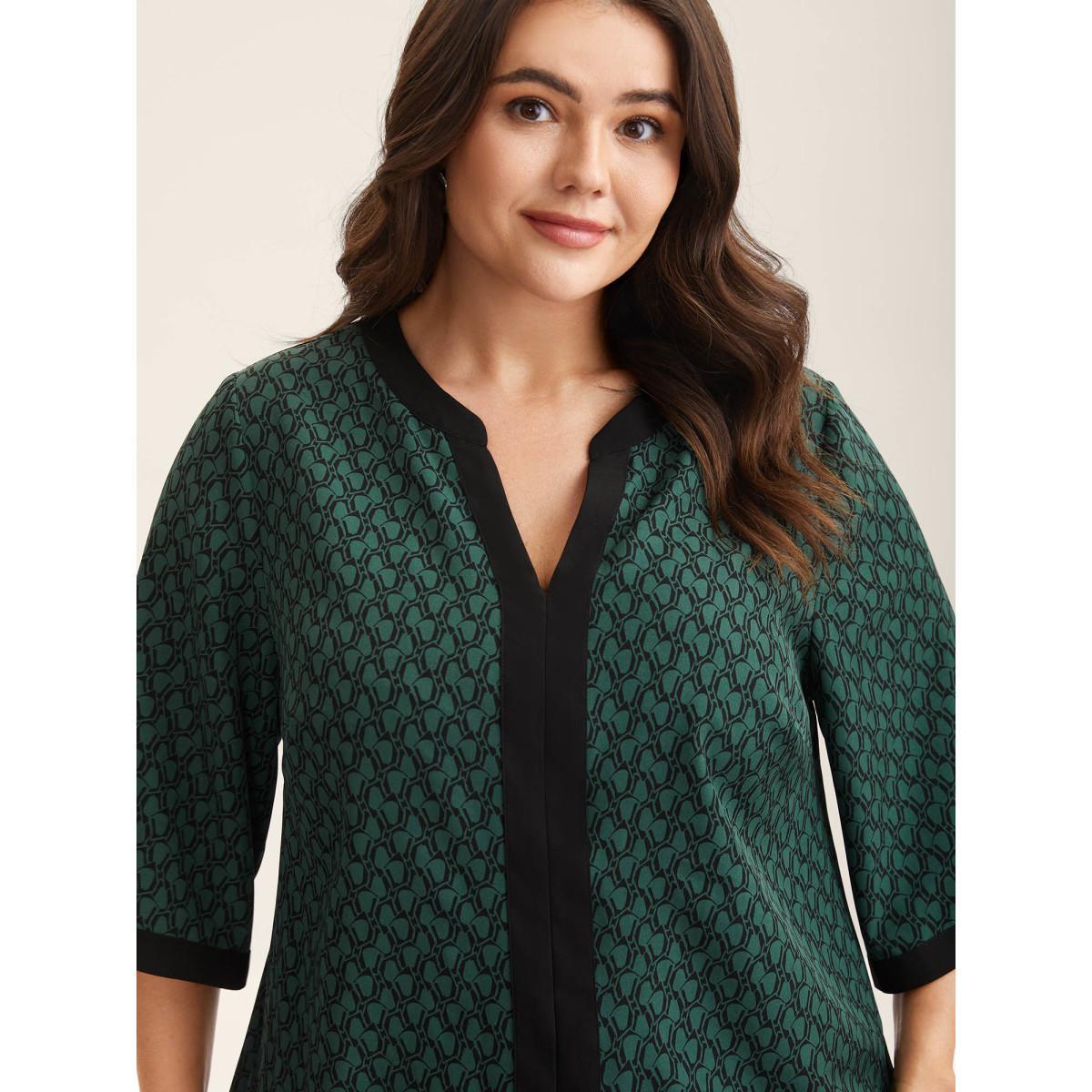 Plus Size DarkGreen Geometric Print Color Contrast Blouse Women Elbow-length sleeve Flat collar with V-notch Work Blouses BloomChic 22-24/3X Product Image